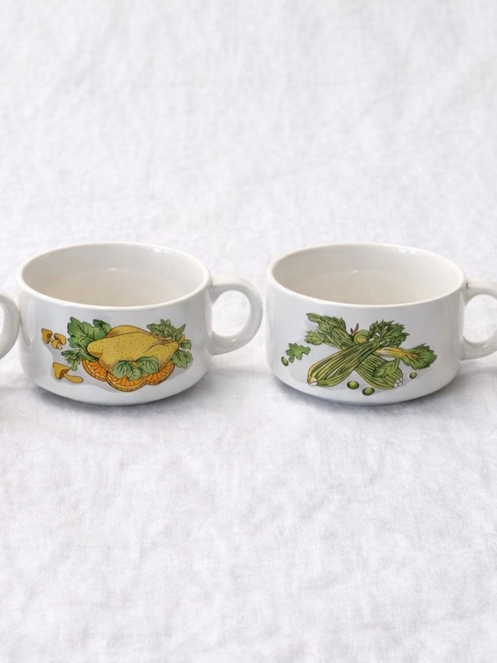 Retro Vintage White Ceramic Soup Mugs with Lemon and Vegetable Motifs Set of 4